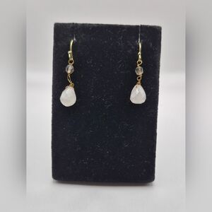 Rose Quartz Wire Wrapped Dangle Earrings Gold Tone Earrings